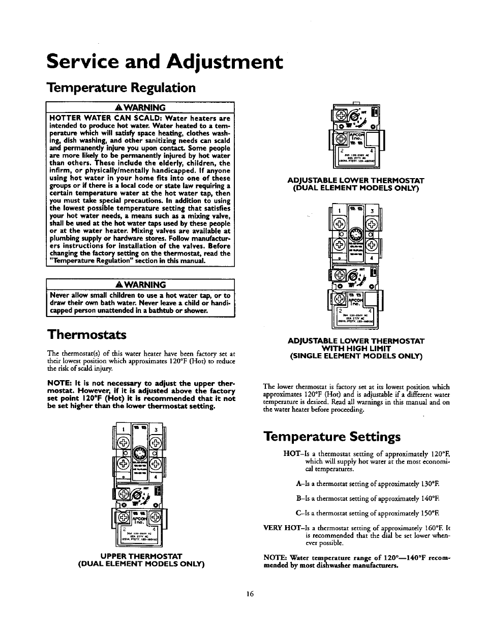 And adjustment, Temperature regulation, Awarning | Thermostats, Temperature settings | Kenmore 153.31614 User Manual | Page 16 / 32