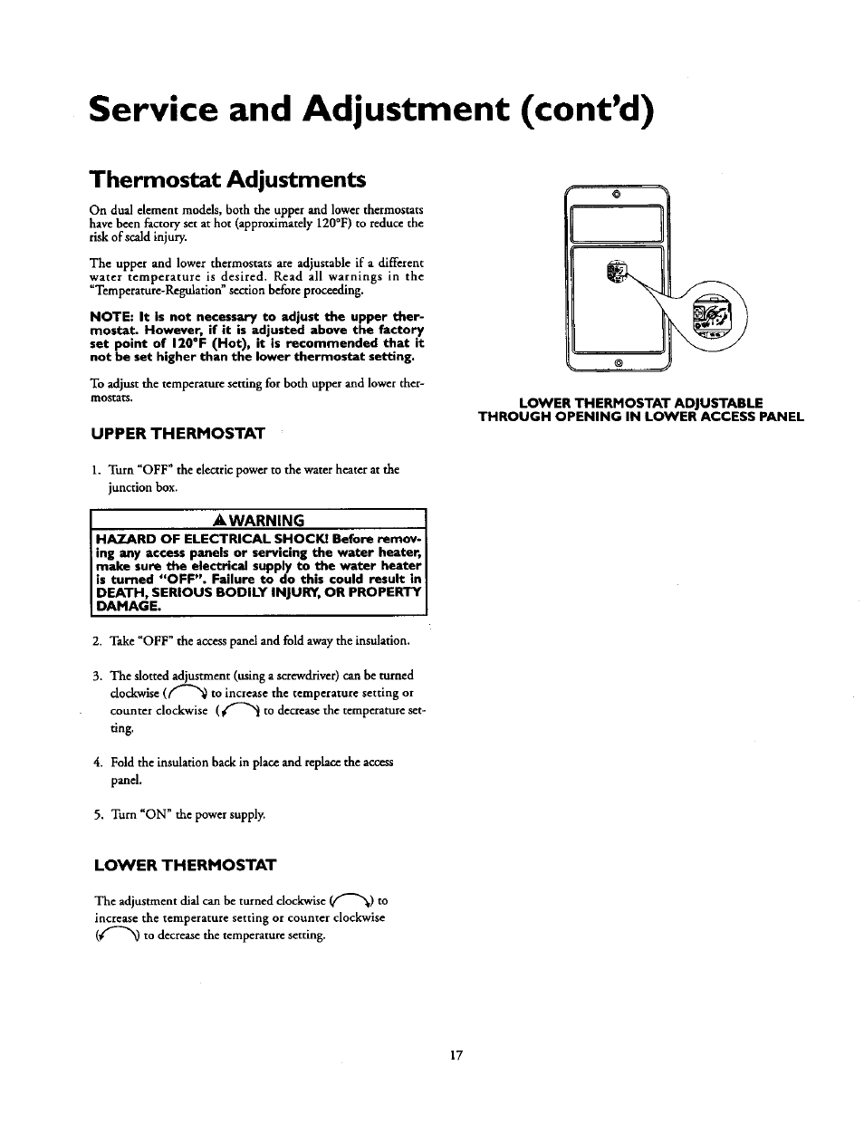 Upper thermostat, Awarning, Lower thermostat | Thermostat adjustments, Service and adjustment (cont’d) | Kenmore 153.31614 User Manual | Page 17 / 32