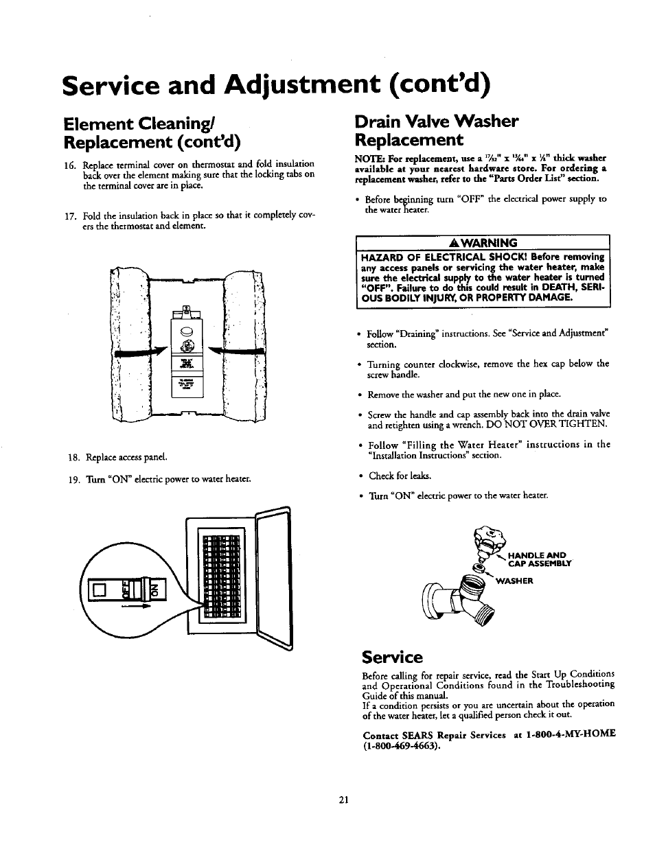 Element cleaning/ replacement (cont’d), Drain valve washer replacement, Awarning | Service, Service and adjustment (cont’d) | Kenmore 153.31614 User Manual | Page 21 / 32