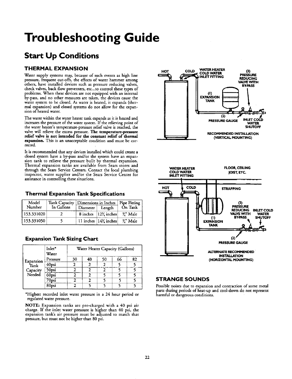 Troubleshooting guide, Start up conditions, Thermal expansion | Thermal expansion tank specifications, Expansion tank sizing chart, Strange sounds | Kenmore 153.31614 User Manual | Page 22 / 32