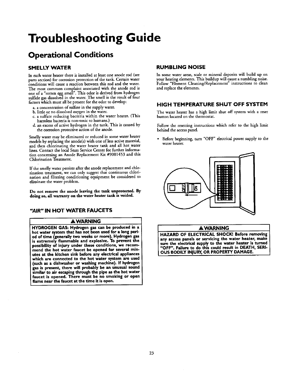 Operational conditions, Smelly water, Vwr” in hot water faucets | Awarning, Rumbling noise, High temperature shut off system, Troubleshooting guide | Kenmore 153.31614 User Manual | Page 23 / 32