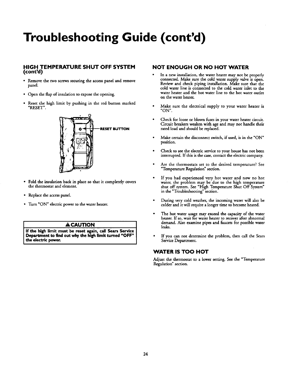 High temperature shut off system, Cont’d), Not enough or no hot water | Water is too hot, Troubleshooting guide (cont’d) | Kenmore 153.31614 User Manual | Page 24 / 32