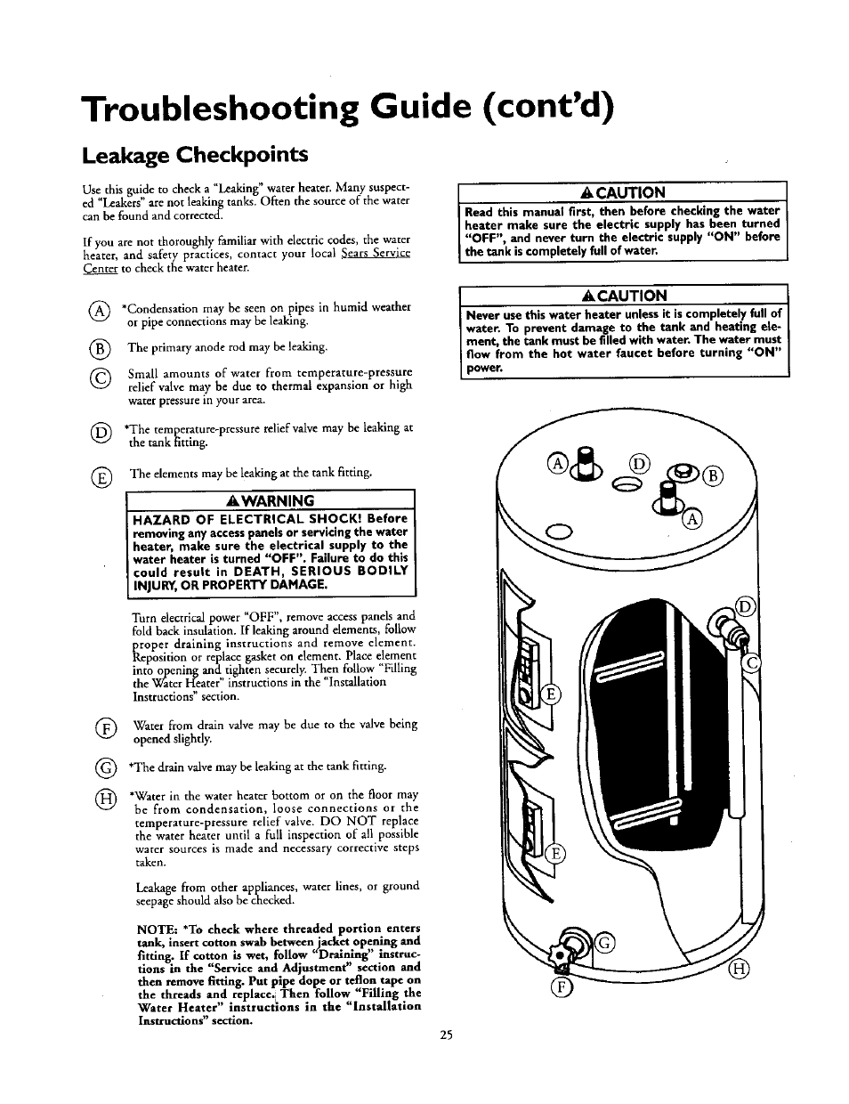 Leakage checkpoints, Awarning, A caution | Troubleshooting guide (cont’d) | Kenmore 153.31614 User Manual | Page 25 / 32