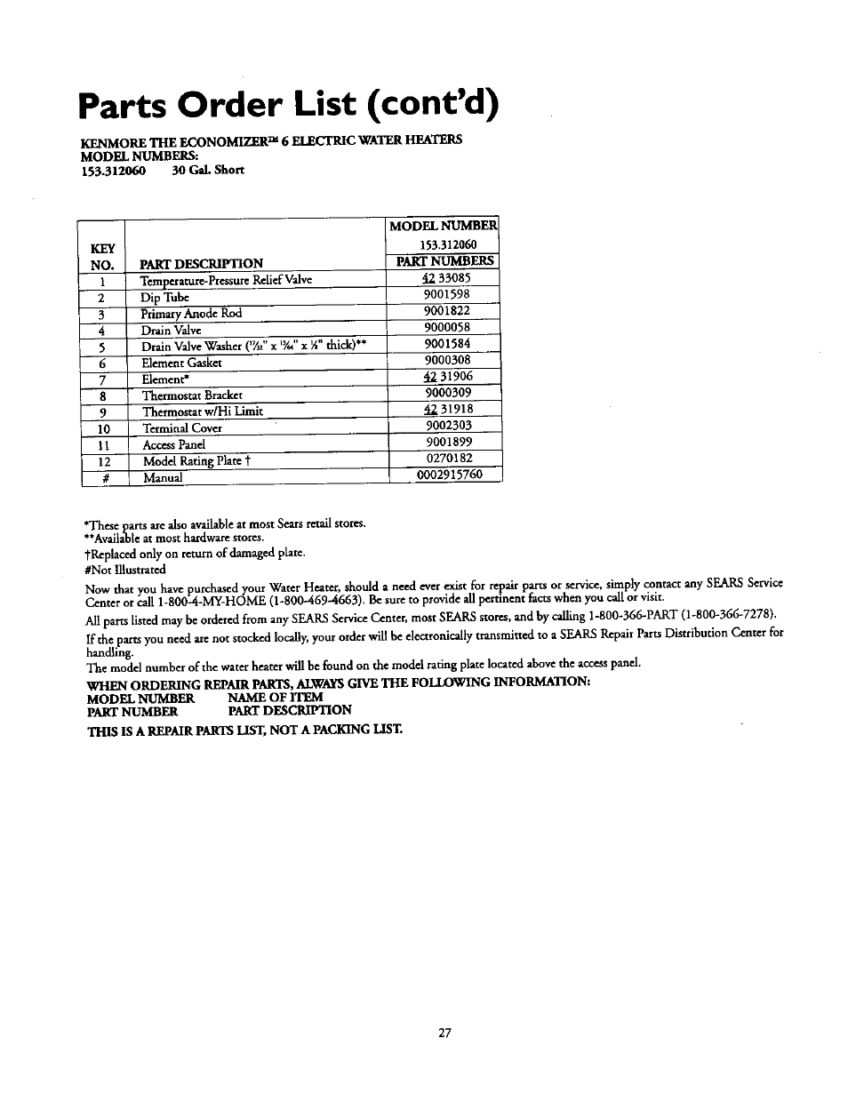 Parts order list (cont’d) | Kenmore 153.31614 User Manual | Page 27 / 32