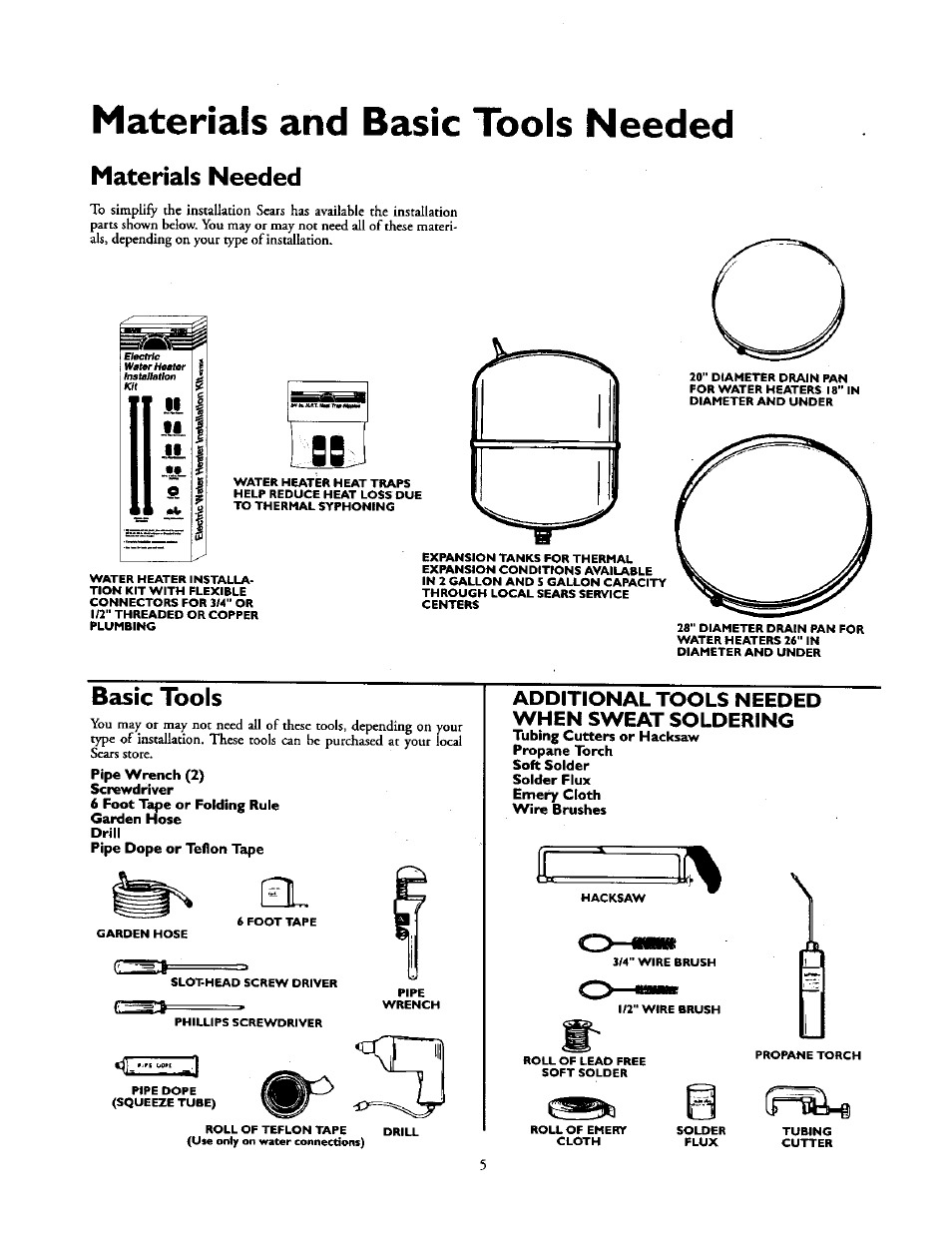 Materials and basic tools needed, Materials needed, Basic tools | Additional tools needed when sweat soldering | Kenmore 153.31614 User Manual | Page 5 / 32