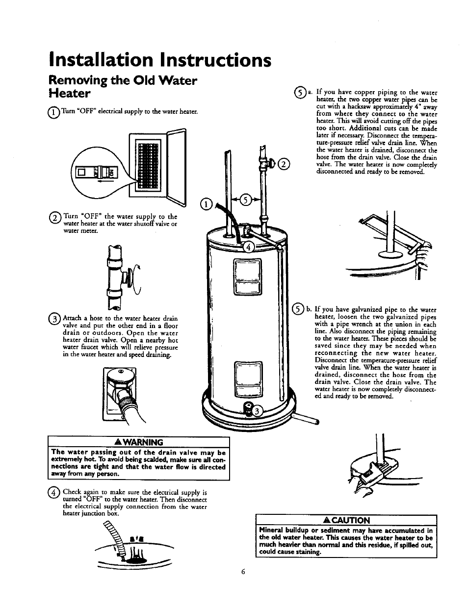 Removing the old water heater, Awarning, Acaution | Installation instructions | Kenmore 153.31614 User Manual | Page 6 / 32