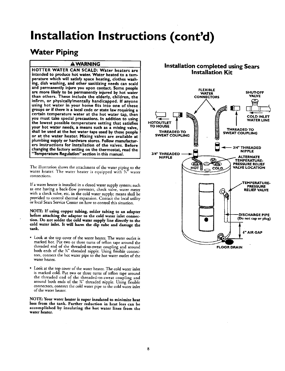 Installation instructions (cont’d), Water piping, Awarning | Kenmore 153.31614 User Manual | Page 8 / 32