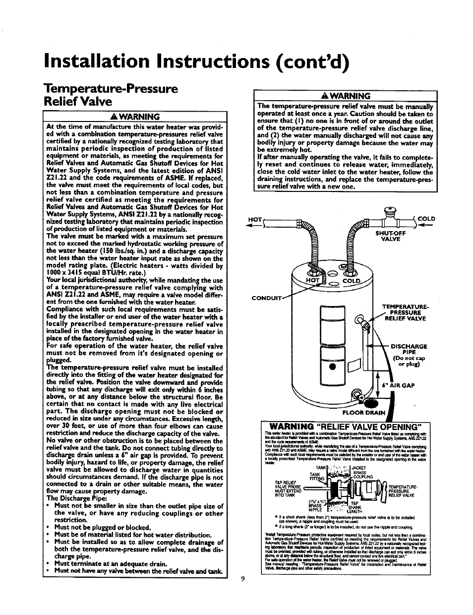 Temperature-pressure relief valve, Awarning, Warning “relief valve opening | Installation instructions (cont’d) | Kenmore 153.31614 User Manual | Page 9 / 32