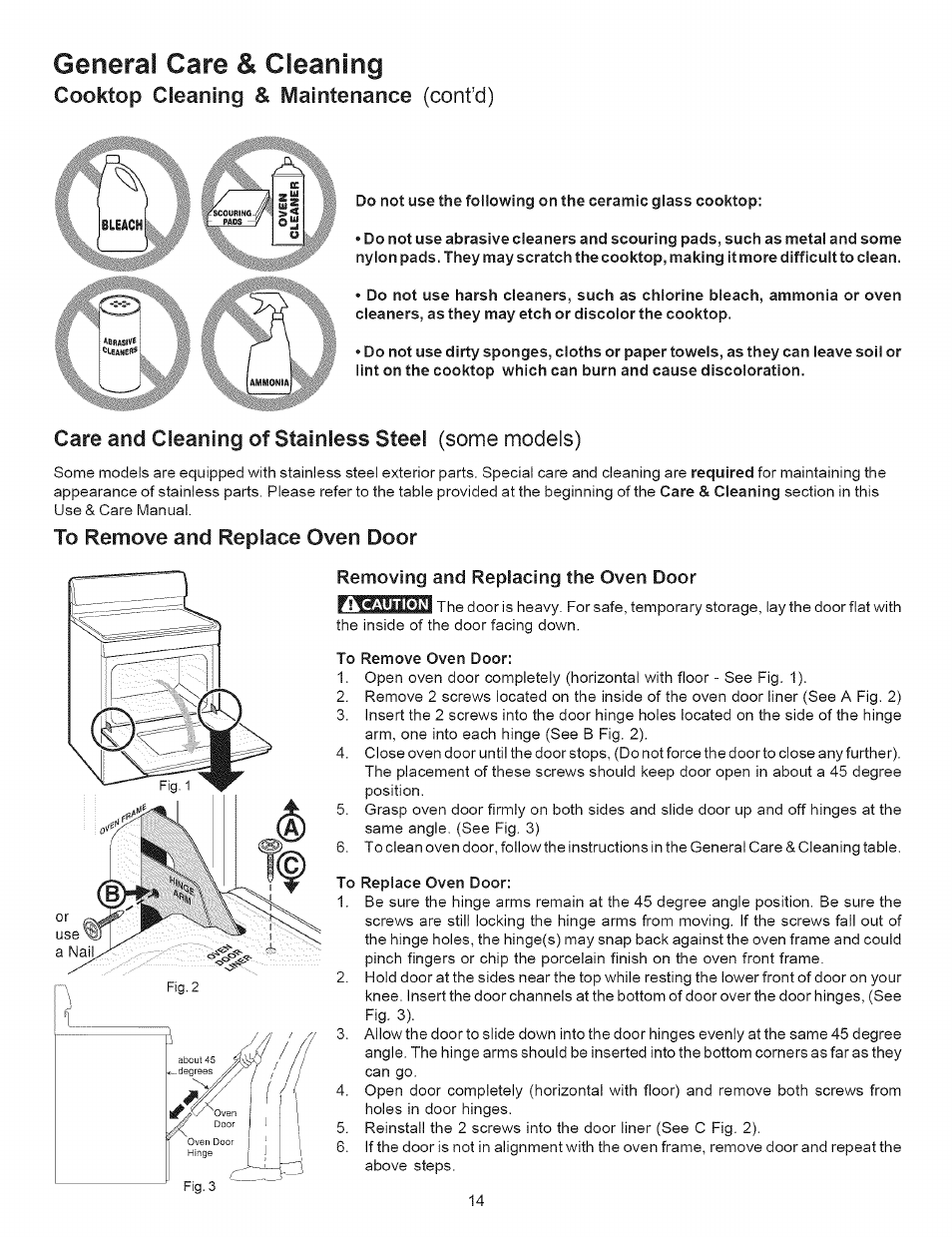 General care & cleaning, Bleach, Removing and replacing the oven door | To remove oven door, To replace oven door, Cooktop cleaning & maintenance (cont’d), Care and cleaning of stainless steel (some models) | Kenmore 9504 User Manual | Page 14 / 18