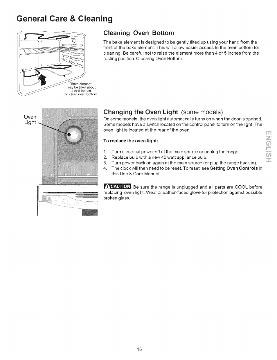 General care & cleaning, Changing the oven light (some models), To replace the oven light | General care & cleaning -15, Illii, Cleaning oven bottom, Some models) | Kenmore 9504 User Manual | Page 15 / 18