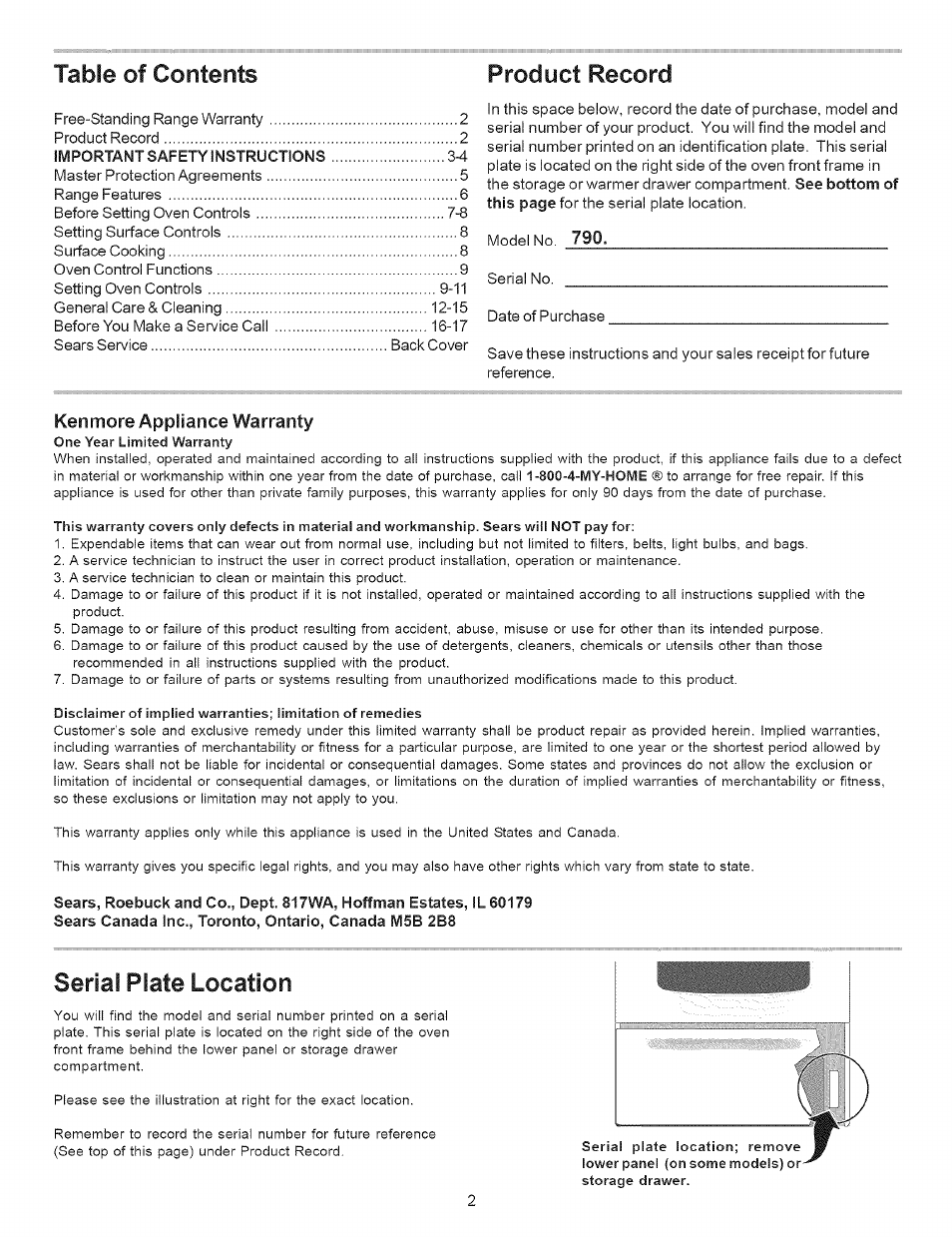 Serial plate location, Table of contents product record, Serial plate | Location | Kenmore 9504 User Manual | Page 2 / 18