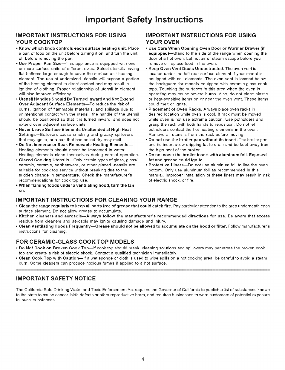 Important safety instructions, Important instructions for using your oven, Important instructions for cleaning your range | For ceramic-glass cook top models, Important safety notice | Kenmore 9504 User Manual | Page 4 / 18