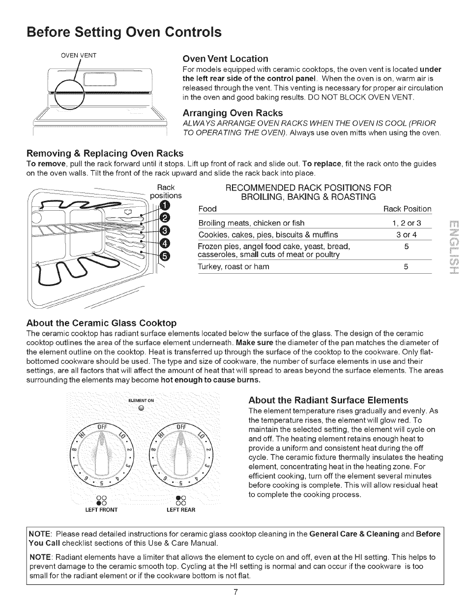 Arranging oven racks, Removing & replacing oven racks, About the ceramic glass cooktop | About the radiant surface elements, Before setting oven controls | Kenmore 9504 User Manual | Page 7 / 18