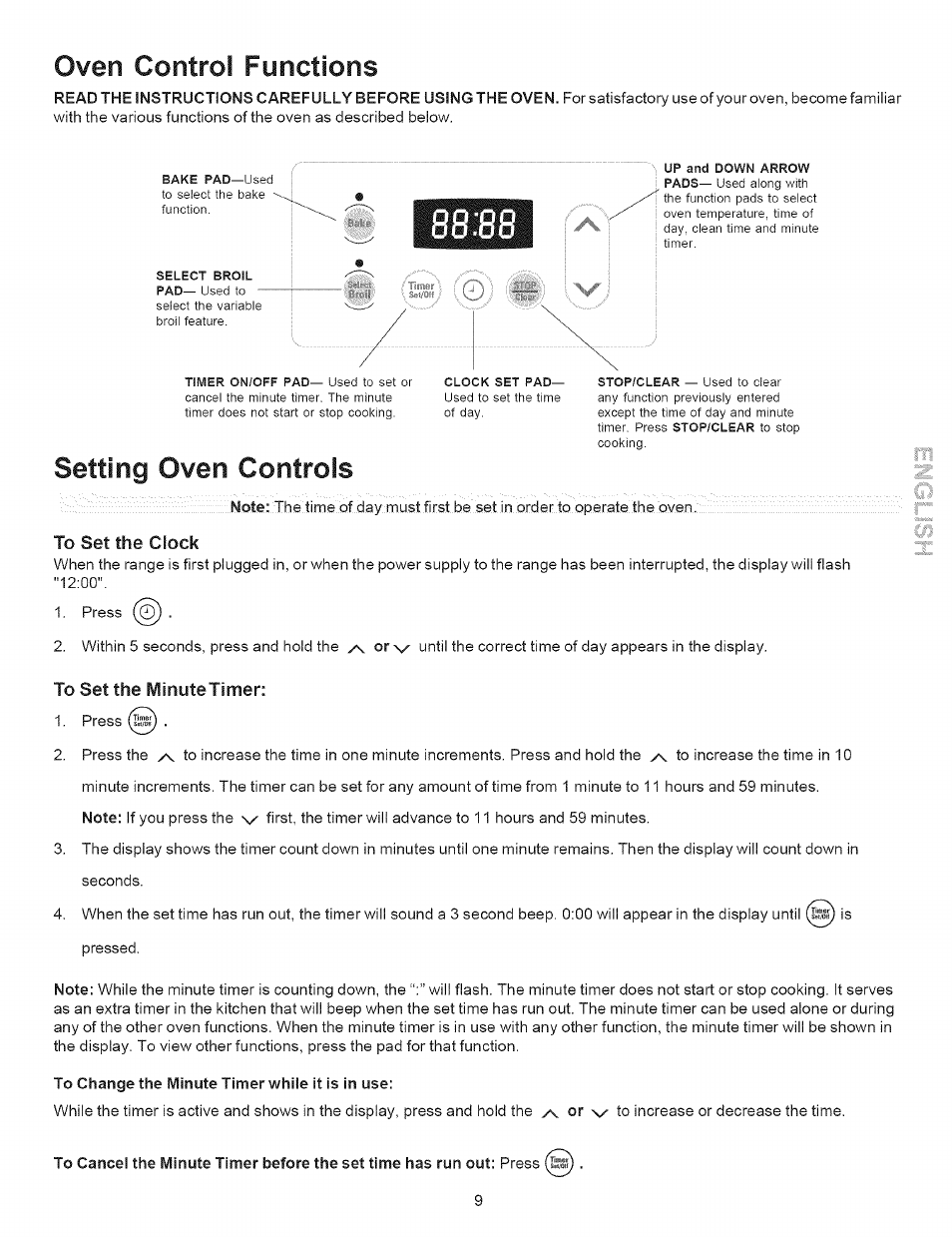 Oven control functions, To set the clock, To set the minutetimer | To change the minute timer while it is in use, Setting oven controls | Kenmore 9504 User Manual | Page 9 / 18