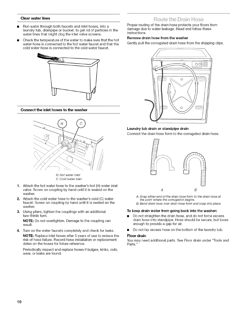 Clear water lines, Connect the inlet hoses to the washer, Laundry tub drain or standpipe drain | Kenmore 110.4646 User Manual | Page 10 / 80