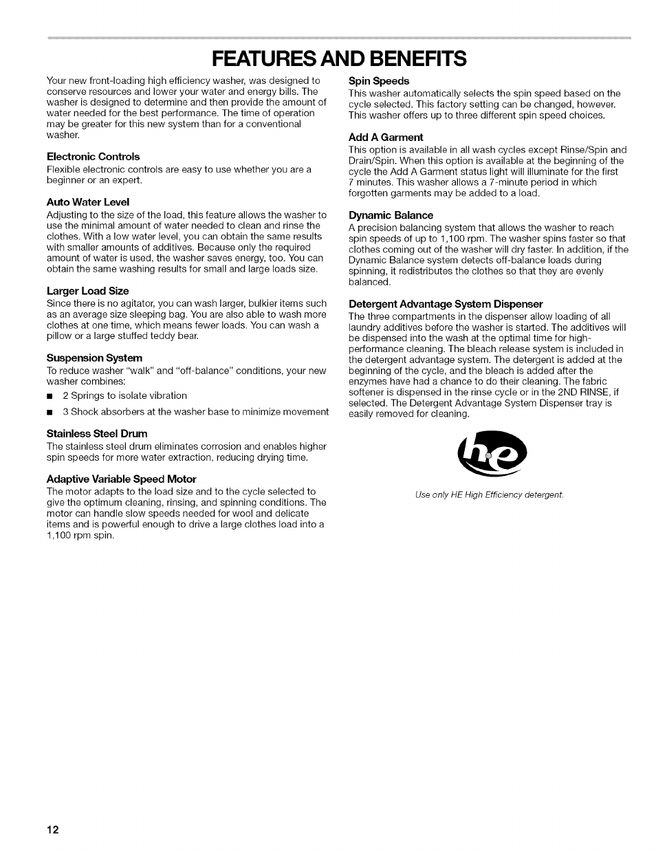 Features and benefits, Electronic controls, Auto water level | Larger load size, Suspension system, Adaptive variable speed motor, Add a garment, Dynamic balance, Detergent advantage system dispenser | Kenmore 110.4646 User Manual | Page 12 / 80