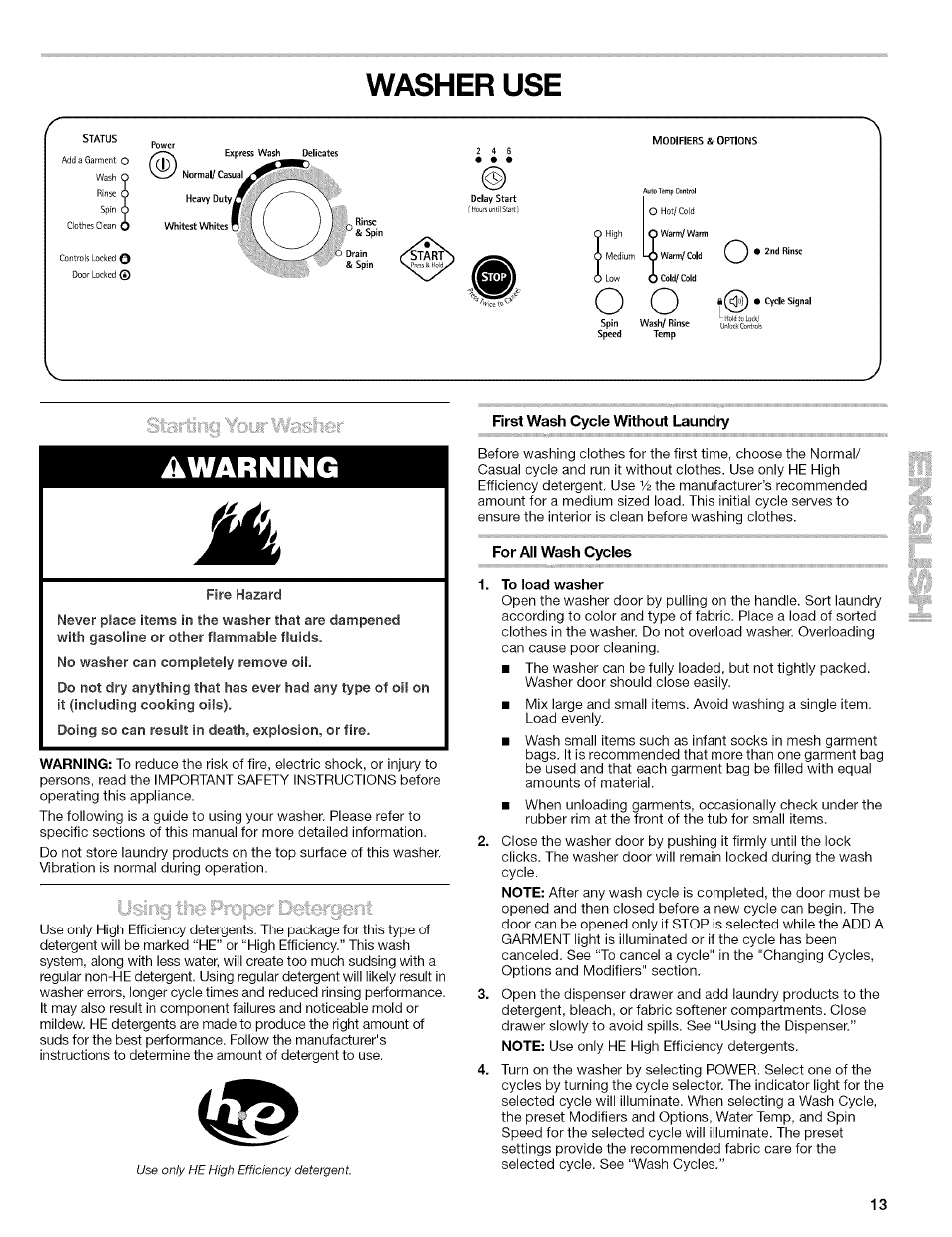 Washer use, For all wash cycles, To load washer | Awarning | Kenmore 110.4646 User Manual | Page 13 / 80