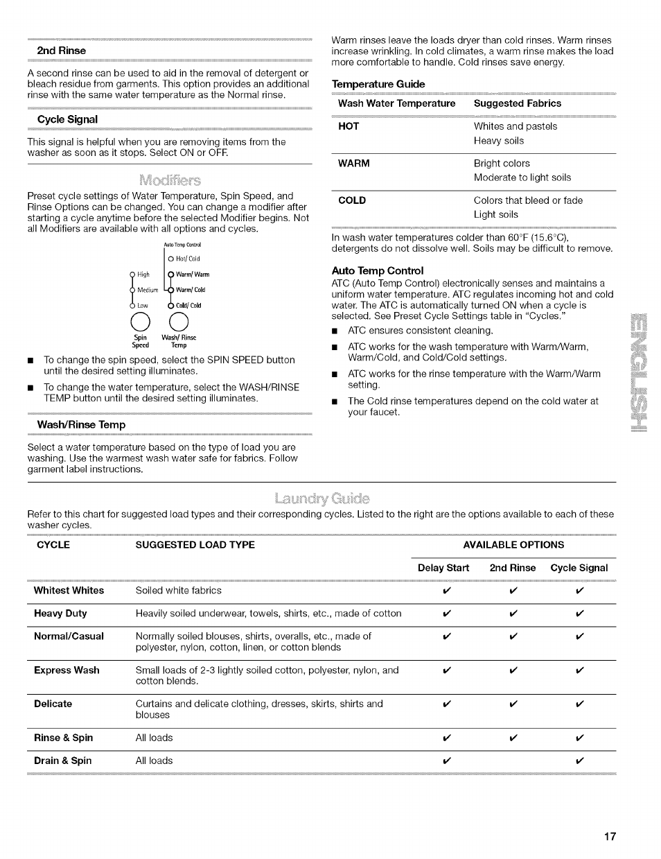 2nd rinse, Cycle signal, Wash/rinse temp | Auto temp control | Kenmore 110.4646 User Manual | Page 17 / 80