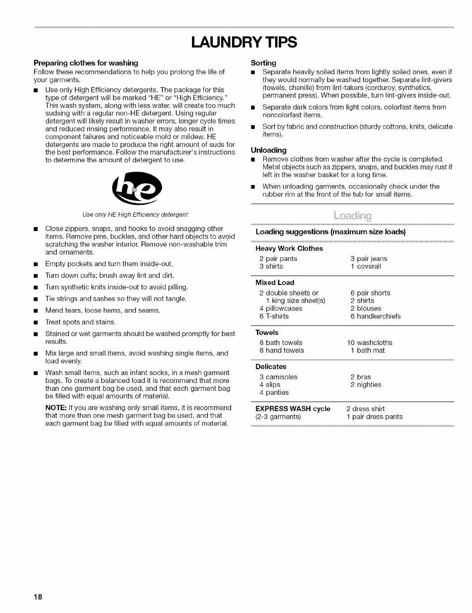 Laundry tips, Preparing clothes for washing, Sorting | Unloading, Loading | Kenmore 110.4646 User Manual | Page 18 / 80