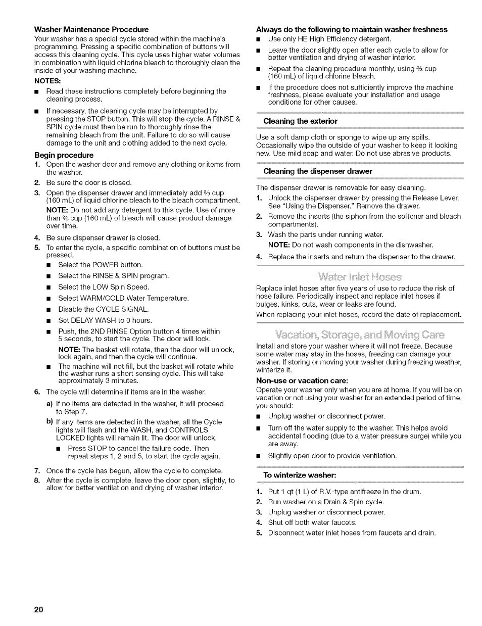 Washer maintenance procedure, Notes, Cleaning the exterior | Cleaning the dispenser drawer, To winterize washer | Kenmore 110.4646 User Manual | Page 20 / 80