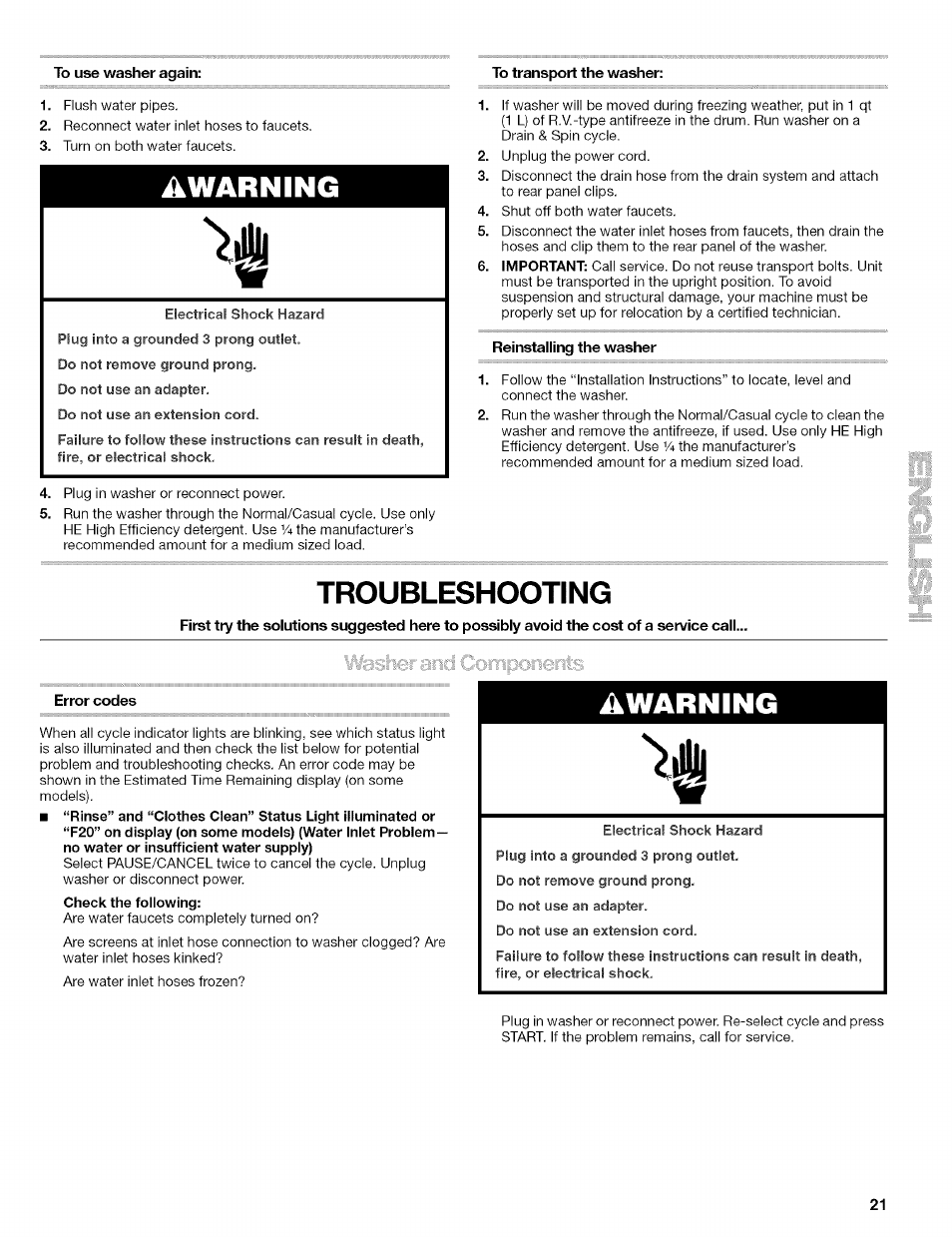 Reinstalling the washer, Troubleshooting, Error codes | Warning, Awarning | Kenmore 110.4646 User Manual | Page 21 / 80