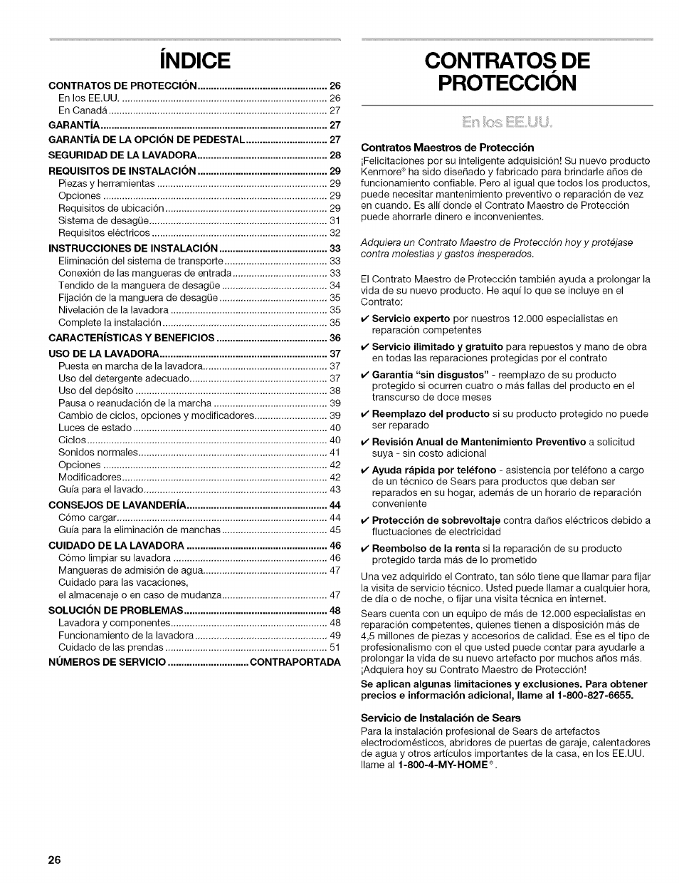 Indice, Contratos de protección | Kenmore 110.4646 User Manual | Page 26 / 80