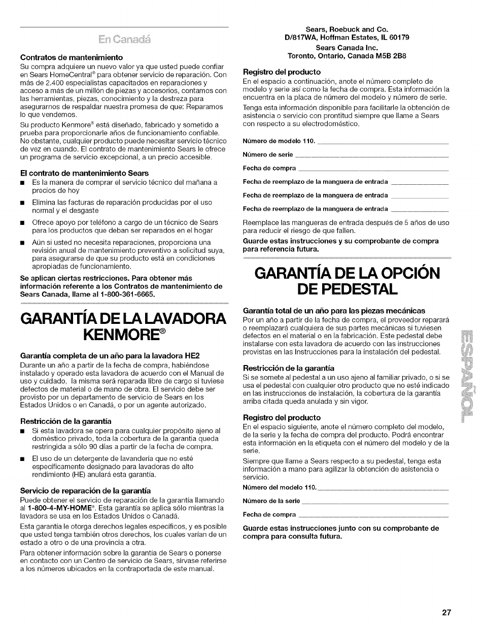 Garantía de la lavadora kenmore, Garantía de la opción de pedestal | Kenmore 110.4646 User Manual | Page 27 / 80