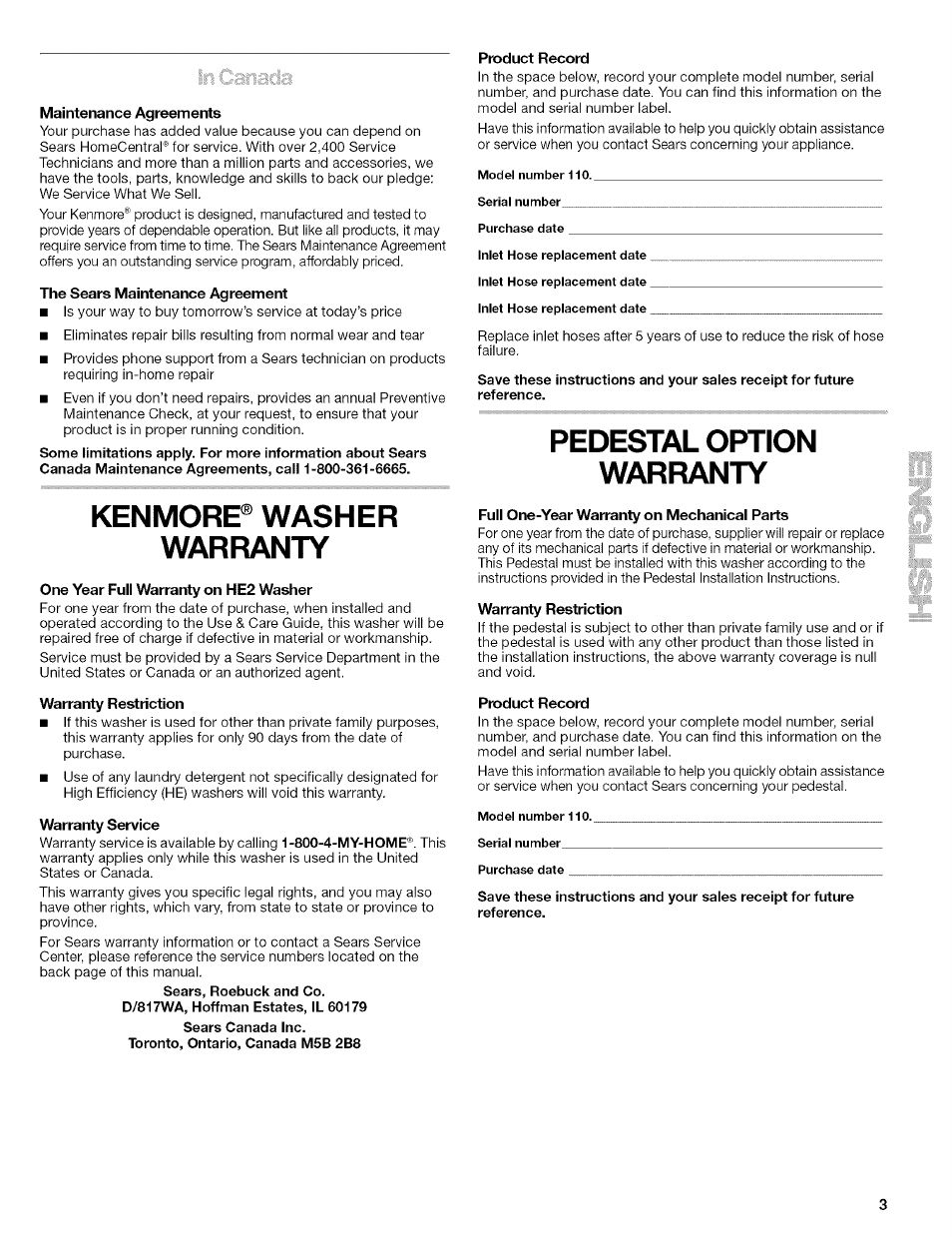 Kenmore® washer warranty, Pedestal option warranty | Kenmore 110.4646 User Manual | Page 3 / 80