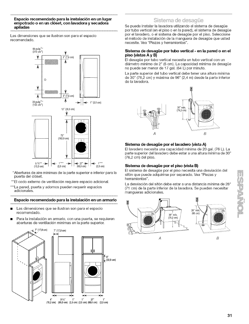 Sistema de desagüe por el lavadero (vista a), Sistema de desagüe por el piso (vista b) | Kenmore 110.4646 User Manual | Page 31 / 80