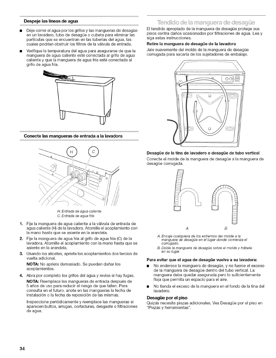Despeje las líneas de agua, Conecte las mangueras de entrada a la lavadora | Kenmore 110.4646 User Manual | Page 34 / 80