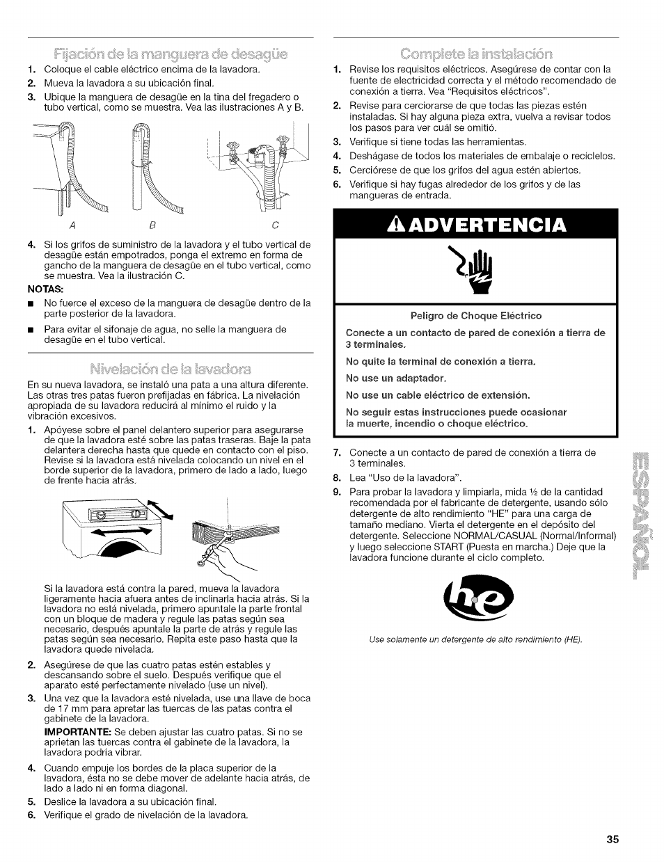 Notas, Advertencia | Kenmore 110.4646 User Manual | Page 35 / 80