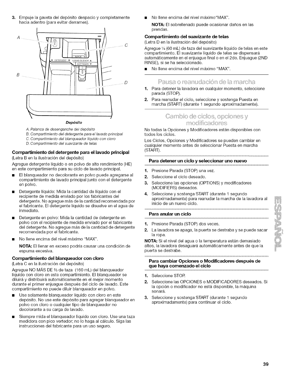 Para detener un ciclo y seleccionar uno nuevo, Para anular un ciclo | Kenmore 110.4646 User Manual | Page 39 / 80