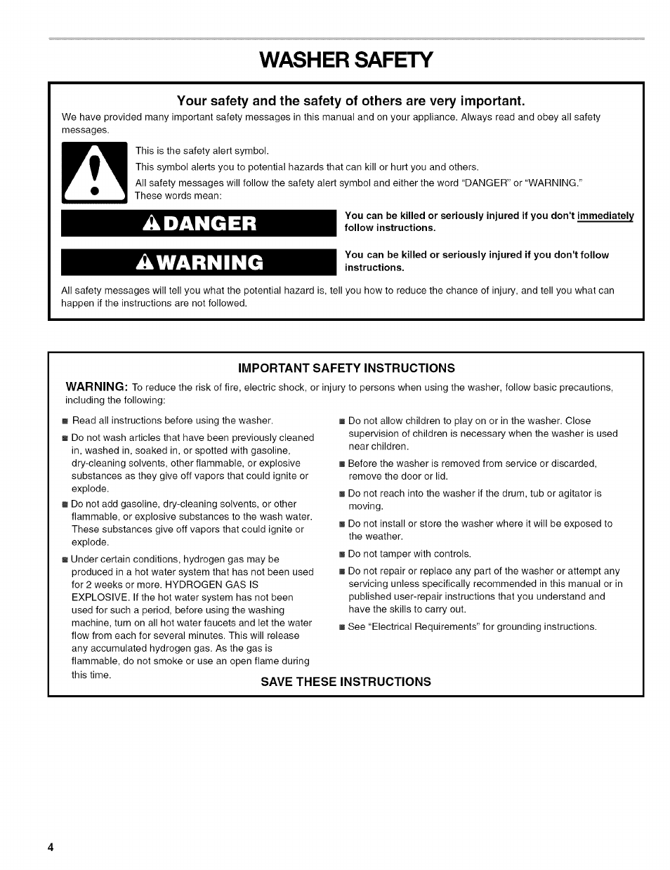 Washer safety, Important safety instructions, Save these instructions | Adanger, Iâk a r nin g | Kenmore 110.4646 User Manual | Page 4 / 80