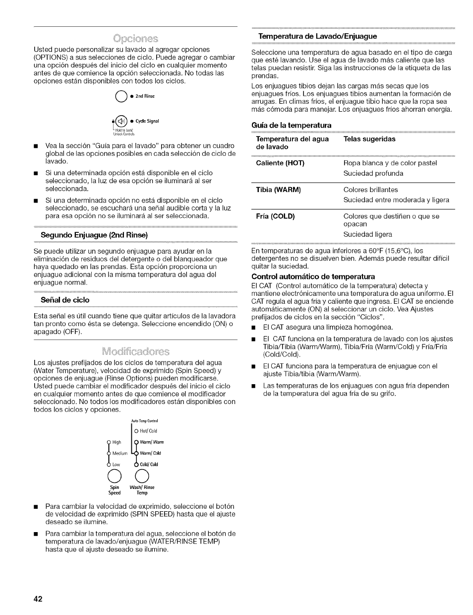 Segundo enjuague (2nd rinse), Señal de ciclo, Temperatura de lavado/enjuague | Guía de la temperatura, Temperatura del agua de lavado, Caliente (hot) | Kenmore 110.4646 User Manual | Page 42 / 80