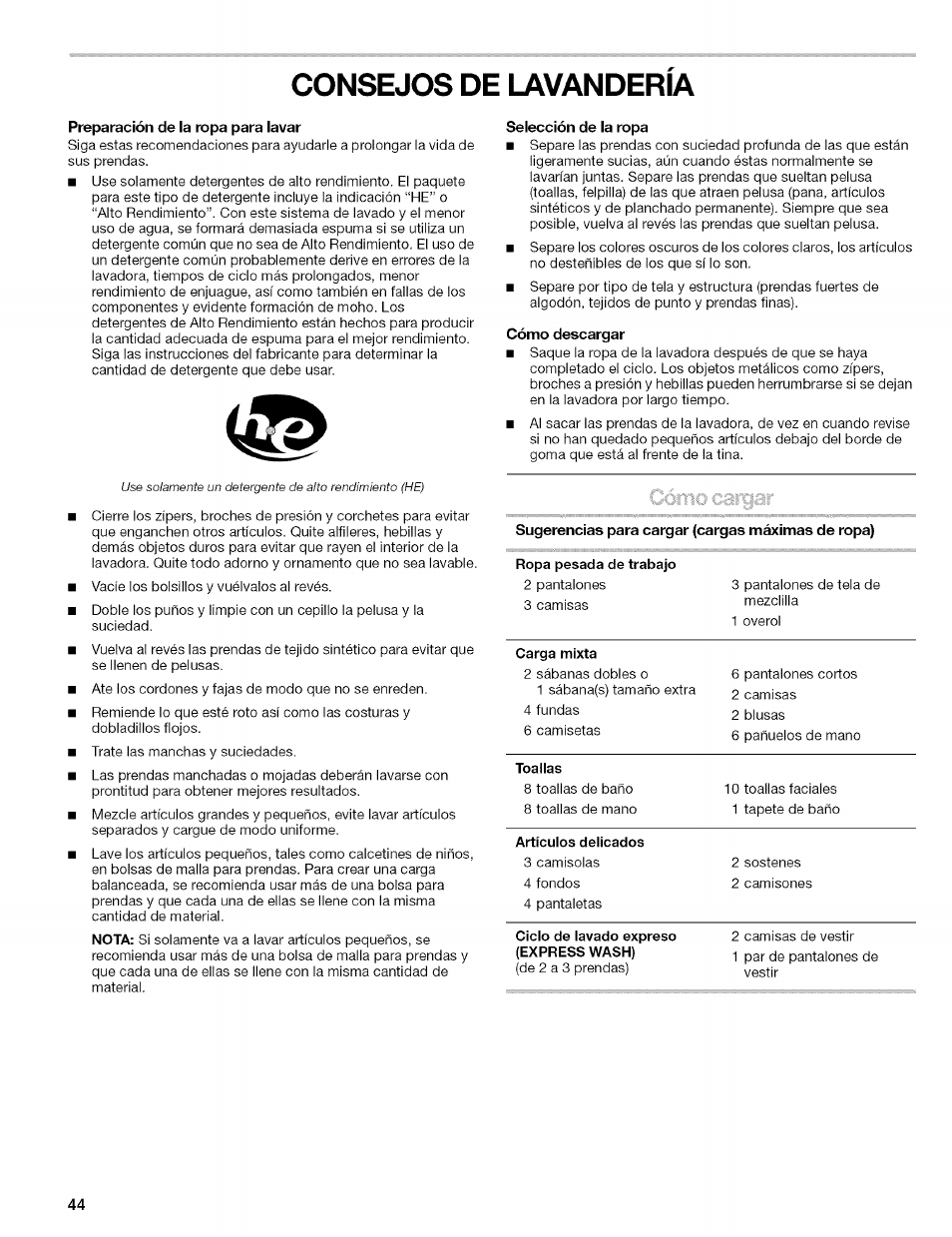 Consejos de lavanderia, Preparación de la ropa para lavar, Selección de la ropa | Cómo descargar, Consejos de lavandería, Cómo cargar | Kenmore 110.4646 User Manual | Page 44 / 80