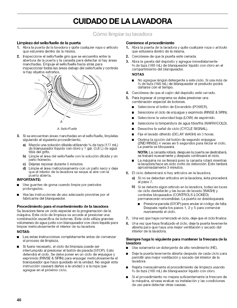 Cuidado de la lavadora, Limpieza dei seiio/fueiie de ia puerta, Importante | Procedimiento para ei mantenimiento de ia iavadora, Notas, Comience el procedimiento | Kenmore 110.4646 User Manual | Page 46 / 80