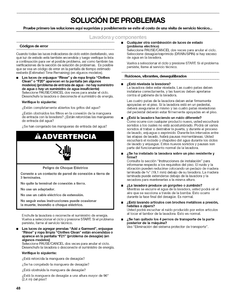 Solucion de problemas, Códigos de error, Solución de problemas | Aadvertencia | Kenmore 110.4646 User Manual | Page 48 / 80