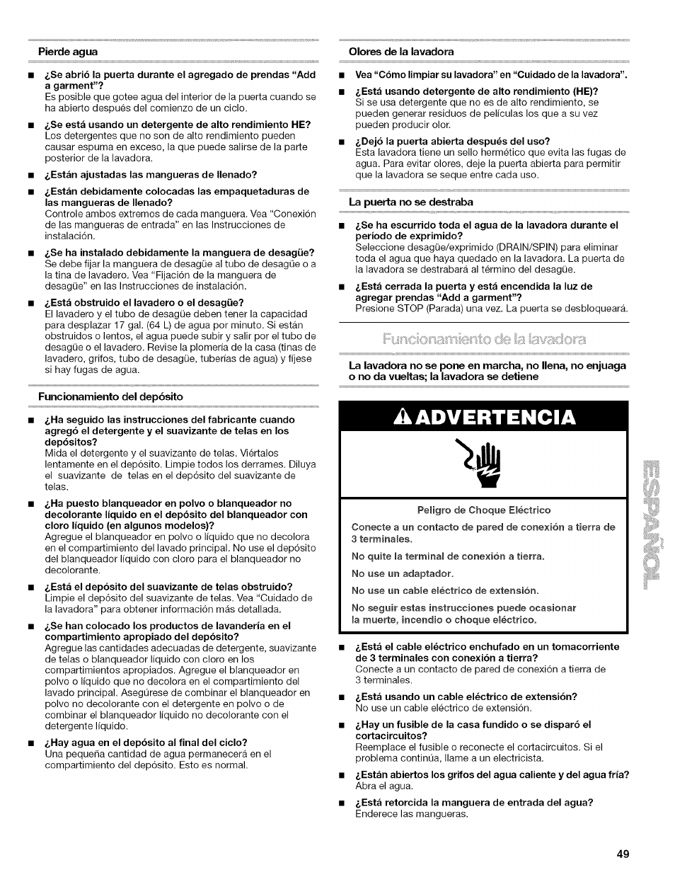 Funcionamiento del depósito, La puerta no se destraba, A advertencia | Kenmore 110.4646 User Manual | Page 49 / 80