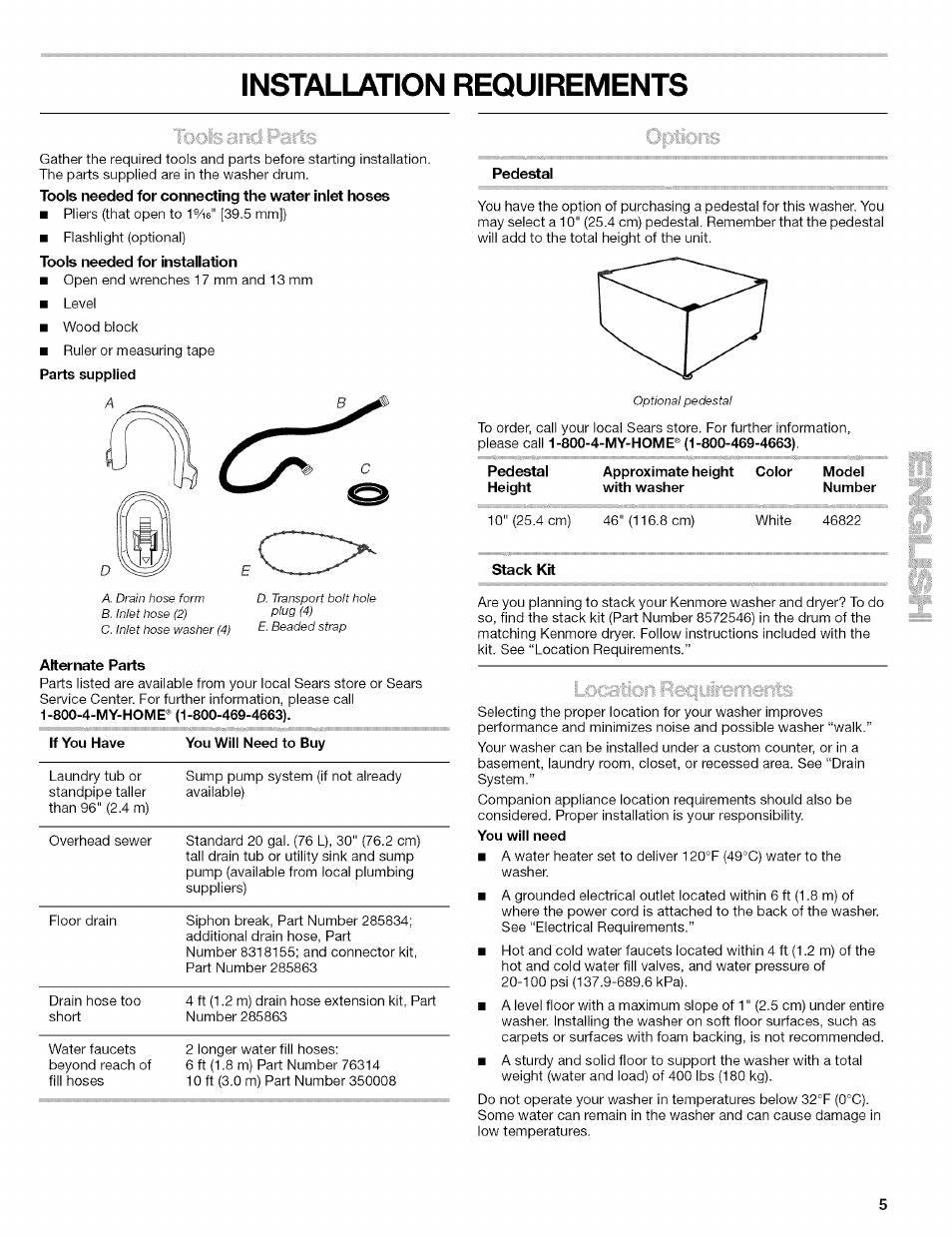 Installation requirements, Tools needed for installation, Pedestal | Kenmore 110.4646 User Manual | Page 5 / 80