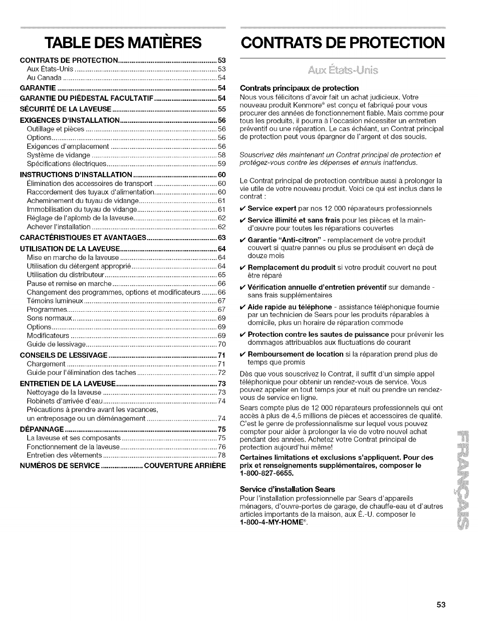 Contrats de protection, Contrats principaux de protection, Service d’installation sears | Table des matieres contrats de protection | Kenmore 110.4646 User Manual | Page 53 / 80