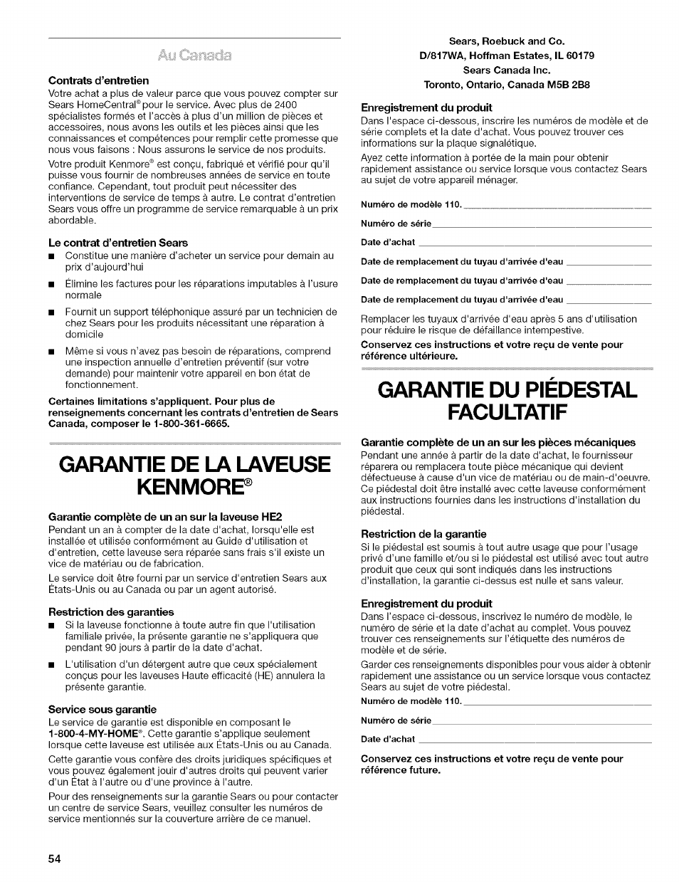 Garantie de la laveuse kenmorp, Garantie du piédestal facultatif | Kenmore 110.4646 User Manual | Page 54 / 80