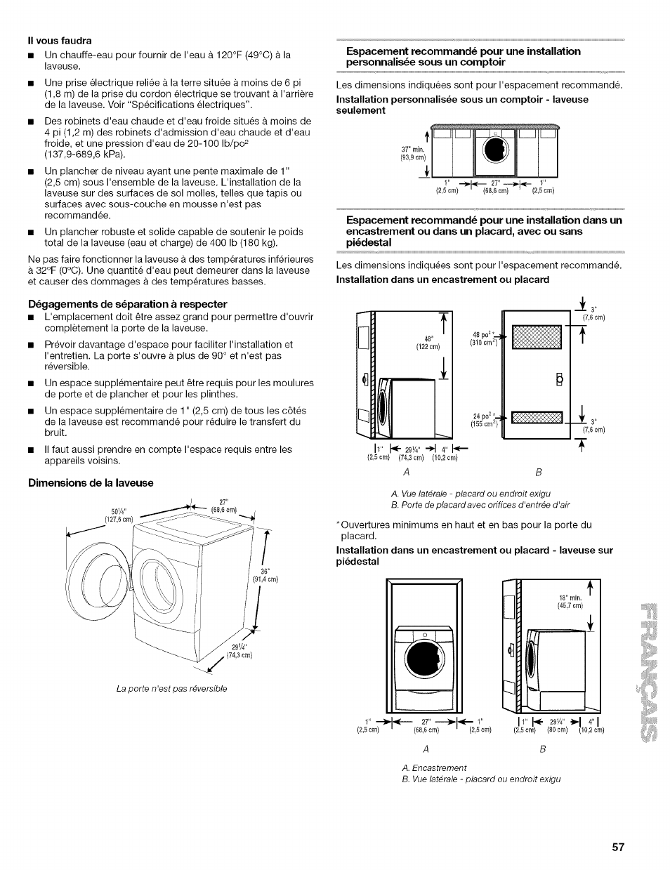 Il vous faudra, Dégagements de séparation à respecter, Dimensions de la laveuse | Kenmore 110.4646 User Manual | Page 57 / 80