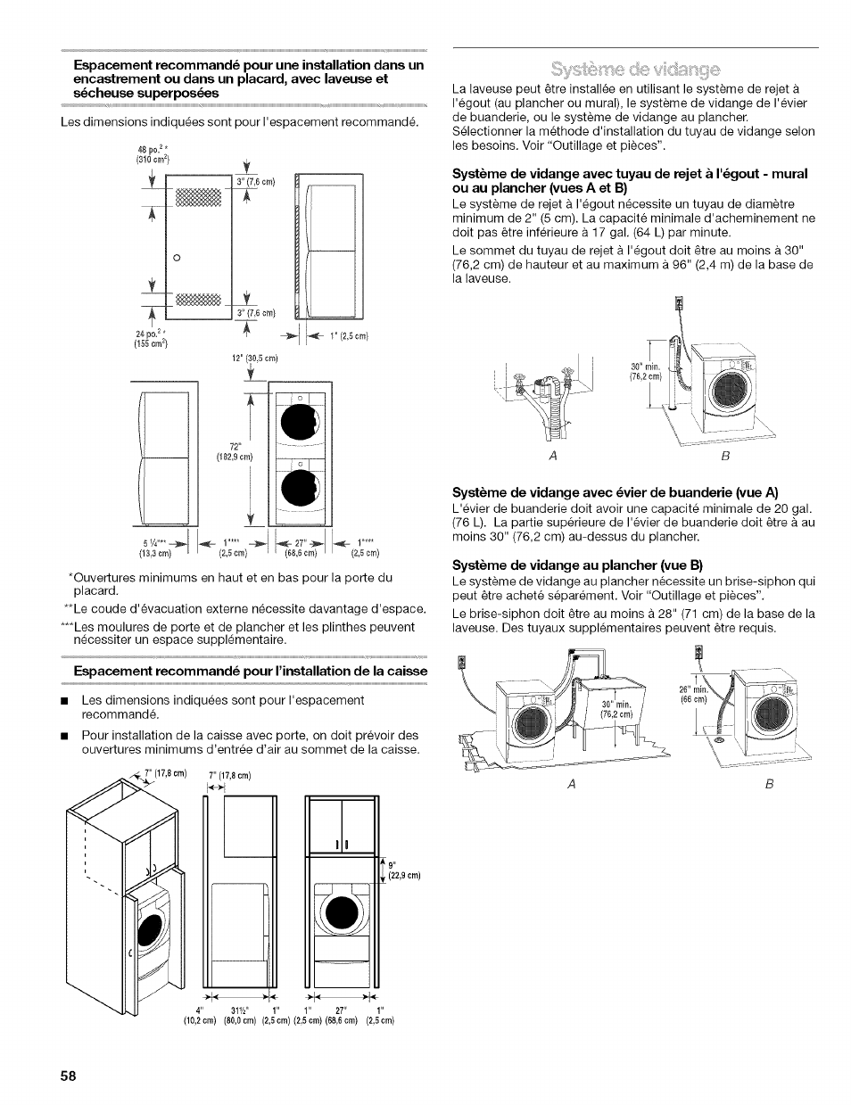 Système de vidange avec évier de buanderie (vue a), Système de vidange au plancher (vue b) | Kenmore 110.4646 User Manual | Page 58 / 80