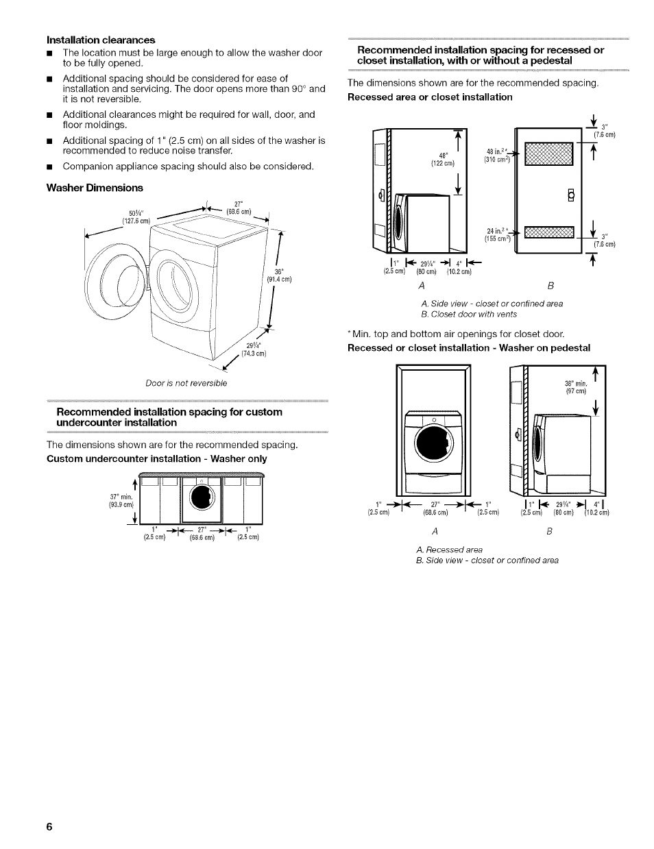 Installation clearances, Washer dimensions | Kenmore 110.4646 User Manual | Page 6 / 80