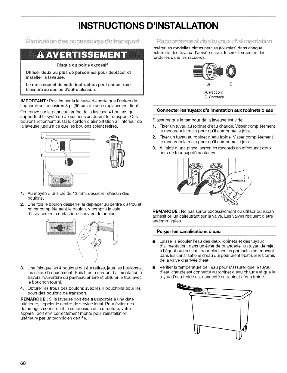 Instructions d'installation, Purger les canalisations d'eau, Aavertissemen | Kenmore 110.4646 User Manual | Page 60 / 80