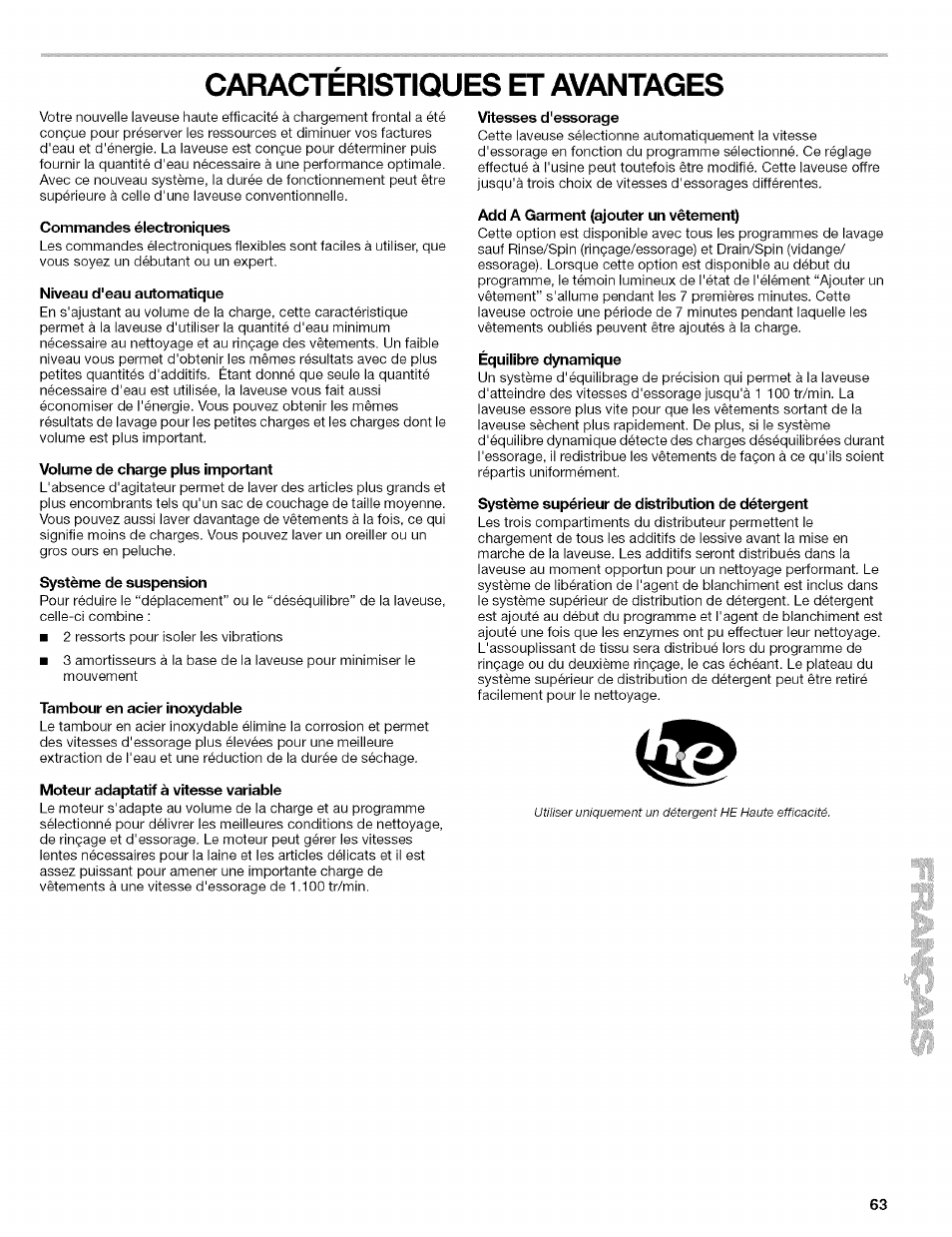 Caracteristiques et avantages, Commandes électroniques, Niveau d'eau automatique | Volume de charge plus important, Système de suspension, Tambour en acier inoxydable, Moteur adaptatif à vitesse variable, Add a garment (ajouter un vêtement), Système supérieur de distribution de détergent, Caractéristiques et avantages | Kenmore 110.4646 User Manual | Page 63 / 80