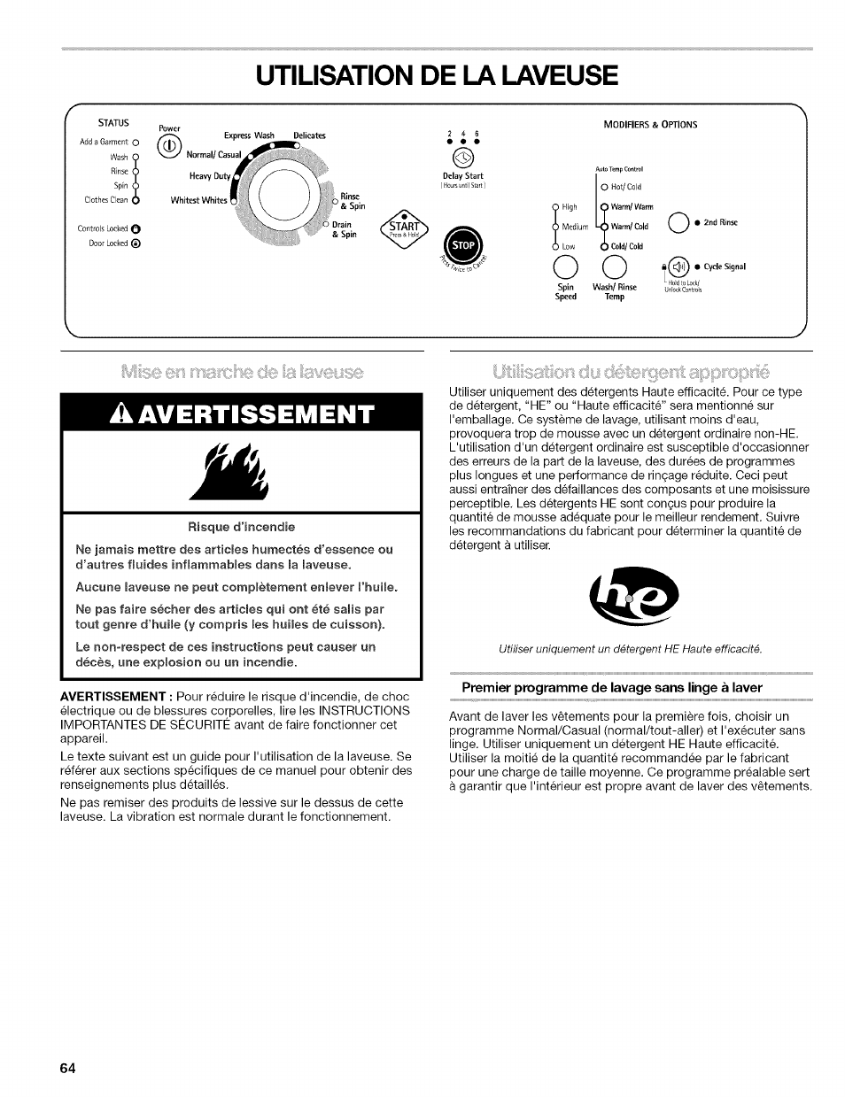 Utilisation de la laveuse, Premier programme de lavage sans linge à laver, A avertissement | Kenmore 110.4646 User Manual | Page 64 / 80