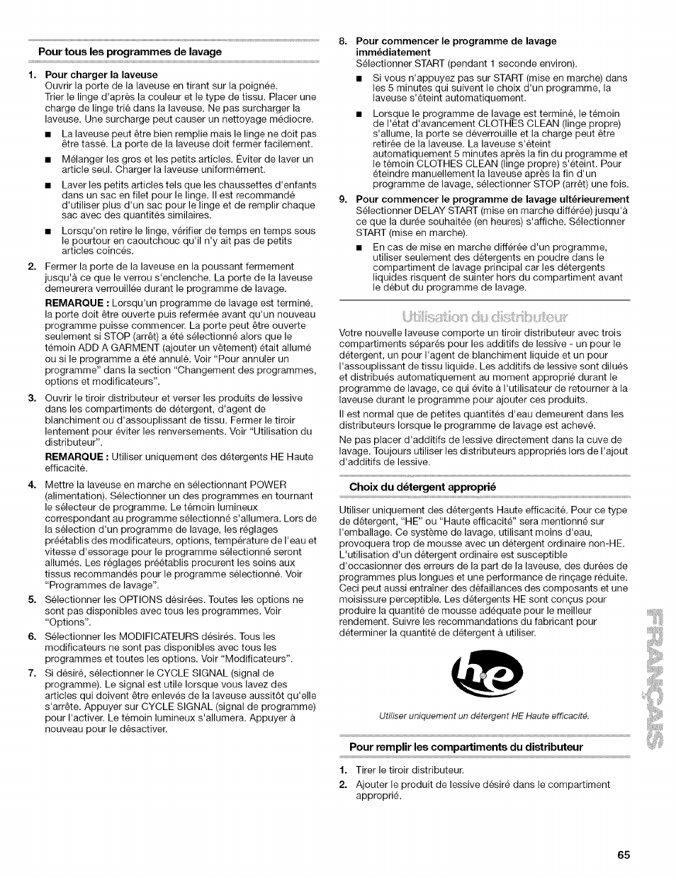 Pour charger la laveuse, Choix du détergent approprié, Pour remplir les compartiments du distributeur | Utilisation du détergent approprié | Kenmore 110.4646 User Manual | Page 65 / 80