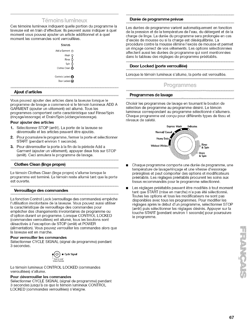 Door locked {porte verrouillée), Ajout d'articles, Programmes de lavage | Clothes clean (linge propre), Verrouillage des commandes | Kenmore 110.4646 User Manual | Page 67 / 80