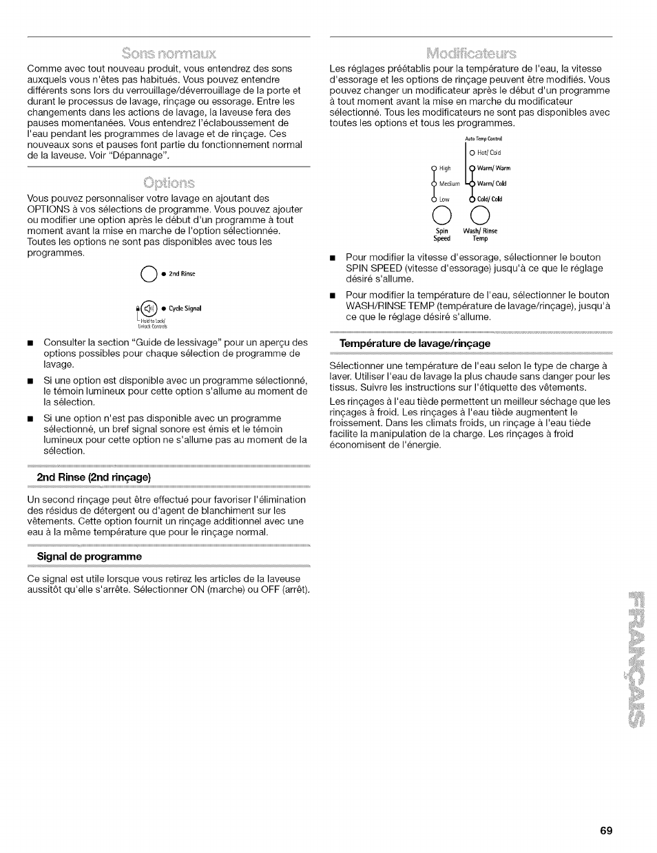 Température de lavage/rinçage, 2nd rinse (2nd rinçage), Signal de programme | Kenmore 110.4646 User Manual | Page 69 / 80